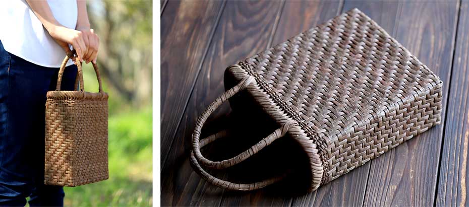 新品  内布緑 長野産 1番皮沢皮　職人手編み　荒編み網代編み　山葡萄籠バッグかごバッグ