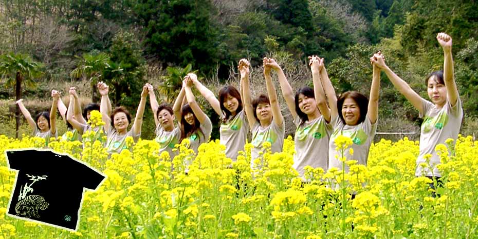 菜の花畑にいるユニクロとのコラボTシャツを来た竹虎女性社員